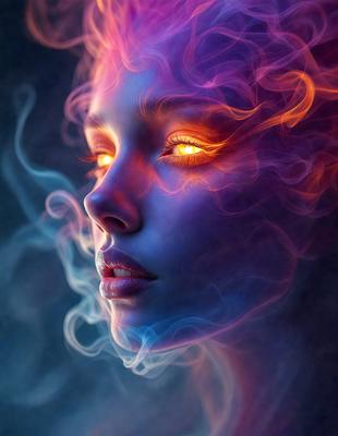 The primary subject of the image is a woman with glowing eyes, which gives her a unique and captivating appearance. The setting is a dark background, which contrasts with the woman's glowing eyes. The visual style is a digital art or illustration, as the woman's eyes are depicted with a vibrant, otherworldly glow. The colors and mood of the image are predominantly dark and mysterious, with the woman's glowing eyes serving as a striking focal